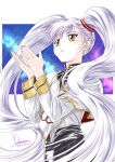  1girl absurdres capelet dated highres hoshino_ruri kidou_senkan_nadesico kidou_senkan_nadesico_-_prince_of_darkness long_hair looking_up parted_lips pencil_skirt signature skirt solo space twintails uniform very_long_hair white_hair yellow_eyes yoshinaga_masahiro 