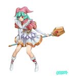  1girl bare_legs cosplay freckleliliofe full_body green_hair hair_ornament hairpin hat highres jester_cap langrisser langrisser_iv long_hair mega_man_(series) mega_man_x_(series) mega_man_x_dive mega_man_zx pandora_(mega_man) red_eyes robot_ears schelfaniel_(langrisser) schelfaniel_(langrisser)_(cosplay) shoes simple_background skirt smile solo staff twintails white_background white_skirt 