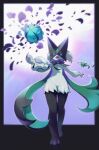  alternate_color black_mask claws fang flaw_eight flower full_body green_scarf hand_up highres meowscarada open_mouth petals pokemon pokemon_(creature) purple_eyes purple_flower scarf shiny_pokemon standing 