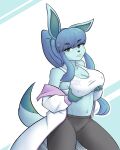 absurd_res accessory anthro athletic_wear big_breasts breast_grab breasts cleavage clothed clothing eeveelution female generation_4_pokemon glaceon hair_accessory hairpin hand_on_breast hi_res jacket leggings legwear long_ears navel nintendo pokemon pokemon_(species) shorksally solo tail tongue tongue_out topwear