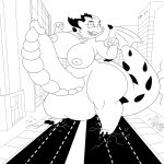 absurd_res anthro black_and_white city city_background city_crushing city_destruction cityscape dirtymac hi_res horn intersex kobold macro monochrome scalie short_stack wings