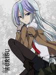  bad_id bad_pixiv_id black_legwear blue_eyes blue_hair cosplay highres jacket long_hair makise_kurisu makise_kurisu_(cosplay) multicolored_hair necktie pantyhose pun solo soraeda steins;gate v_(yuu-gi-ou_zexal) yuu-gi-ou yuu-gi-ou_zexal 