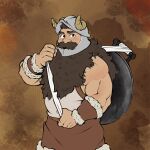  1boy bara beard belly biceps blush bracer brown_hair brown_theme cowboy_shot dungeon_meshi dwarf facial_hair fake_horns helmet highres horned_helmet horns long_beard looking_at_viewer male_focus muscular muscular_male phineart senshi_(dungeon_meshi) sleeveless solo standing thick_eyebrows thick_mustache very_long_beard 