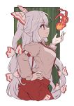  1girl ahase_hino arm_strap bow closed_mouth collared_shirt commentary_request cropped_legs fire from_side fujiwara_no_mokou grey_hair grey_shirt hair_bow hand_on_own_hip hand_up highres juliet_sleeves long_hair long_sleeves ofuda ofuda_on_clothes pants profile puffy_sleeves red_bow red_eyes red_pants shirt sideways_mouth solo suspenders touhou two-tone_bow very_long_hair white_bow 