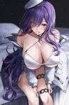  1girl absurdres bare_shoulders blush breasts cleavage collarbone highres large_breasts long_hair looking_at_viewer nicky_w original purple_hair red_eyes sitting smile solo thighs tongue tongue_out 