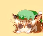  1girl animal_ears black_eyes brown_hair cat_ears cat_tail chen chibi earrings female hat jewelry noiz open_mouth pixiv_thumbnail short_hair simple_background solid_circle_eyes tail tears touhou 