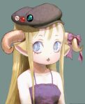  1girl badge blonde_hair blue_eyes bow button_badge cabbie_hat hasukawa_isaburou hat highres horn_bow horn_ornament horns long_hair looking_at_viewer open_mouth original pointy_ears simple_background solo upper_body 