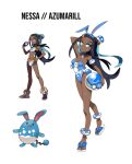  1girl absurdres azumarill azumarill_(cosplay) black_hair blue_eyes blue_hair breasts cosplay crop_top dark-skinned_female dark_skin earrings hair_bun highres hoop_earrings jewelry leotard long_hair looking_at_viewer makeup multicolored_hair nessa_(pokemon) nontraditional_playboy_bunny official_art_inset pokemon pokemon_swsh reference_inset rhymewithray single_hair_bun solo strapless strapless_leotard two-tone_hair 
