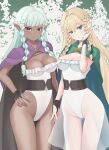  2girls aqua_hair blonde_hair braid breasts cleavage cloak dark-skinned_female dark_elf dark_skin elf eltolinde green_cloak hand_on_own_hip highleg highres leotard long_hair looking_at_viewer multiple_girls pointy_ears purple_cloak rosalinde_(unicorn_overlord) scopedog_12 smile strapless strapless_leotard thigh_gap twin_braids unicorn_overlord very_long_hair 