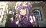  anime_coloring blush capelet crescent day gun handgun hat holding holding_gun holding_weapon letterboxed long_hair outdoors patchouli_knowledge pistol purple_eyes purple_hair smile solo tomon_(slash0410) touhou upper_body very_long_hair walther walther_p99 weapon window 