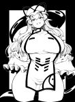  1girl absurdres blush breasts commentary_request gap_(touhou) hat high_contrast highres himajin_noizu huge_breasts long_hair looking_at_viewer mob_cap monochrome parted_lips sideboob solo tabard touhou yakumo_yukari 