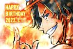  1boy 2022 black_hair close-up commentary_request dated fire freckles furol_nicoco happy_birthday highres jewelry looking_at_viewer looking_back male_focus necklace one_piece orange_hat orange_theme pearl_necklace portgas_d._ace profile short_hair smile solo 