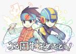  2boys anniversary arm_cannon blue_bodysuit blue_headband blue_helmet bodysuit brothers brown_eyes brown_hair cable commentary_request green_eyes headband lan_hikari_(mega_man) mega_man_(series) mega_man_battle_network_(series) megaman.exe multiple_boys orange_vest rockhambugi shirt short_hair siblings spiked_hair translation_request twins upper_body vest weapon white_background white_shirt 