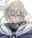  1girl blonde_hair blue_cape blue_eyes cape chain closed_mouth expressionless fate/grand_order fate_(series) headpiece highres jeanne_d&#039;arc_(fate) jeanne_d&#039;arc_(ruler)_(fate) light_blush looking_at_viewer portrait shiro_(siro_kuten) short_hair simple_background sketch solo white_background 