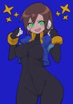  1girl absurdres aile_(mega_man_zx) arm_behind_head black_bodysuit blue_background blush bodysuit bodysuit_under_clothes breasts brown_hair buzzlyears clenched_hands covered_collarbone covered_nipples cropped_jacket excited glowing glowing_eyes green_eyes highres jacket looking_at_viewer medium_breasts mega_man_(series) mega_man_zx no_pants open_clothes open_jacket robot_ears short_hair simple_background smile solo star_(symbol) upper_body 
