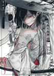  1boy arm_tattoo back_tattoo bare_shoulders bishounen black_hair hair_between_eyes highres japanese_clothes kimono konpeitou_(pixiv37354724) light_frown looking_at_viewer looking_back male_focus original piercing red_eyes shirt_down skeleton stitches tattoo upper_body white_kimono 