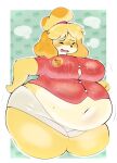 animal_crossing anthro belly_overhang bottomwear canid canine canis clothing digital_media_(artwork) domestic_dog dress_shirt female hand_on_hip hi_res huge_hips huge_thighs inazuma_kat isabelle_(animal_crossing) mammal miniskirt navel nintendo polo_shirt shih_tzu shirt skirt solo thick_thighs tight_clothing topwear toy_dog wide_hips