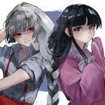  2girls absurdres black_hair blunt_bangs braid eneshi frilled_kimono frills fujiwara_no_mokou grey_hair hair_between_eyes highres hime_cut houraisan_kaguya japanese_clothes kimono long_hair long_sleeves multiple_girls pants pink_kimono red_eyes red_pants shaded_face shirt short_sleeves sidelocks single_braid sleeves_past_fingers sleeves_past_wrists sleeves_rolled_up suspenders touhou very_long_hair white_hair white_shirt wide_sleeves 