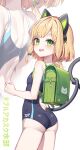  1girl animal_ear_headphones animal_ears ass backpack bag bare_arms bare_legs bare_shoulders black_one-piece_swimsuit blonde_hair blue_archive blush bow cat_tail cowboy_shot fake_animal_ears fang green_bow green_eyes green_halo hair_bow halo headphones highres looking_at_viewer midori_(blue_archive) mono_(mono_mon) one-piece_swimsuit open_mouth randoseru school_swimsuit short_hair simple_background solo swimsuit tail white_background zoom_layer 
