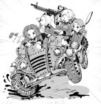  absurdres artist_name assam_(girls_und_panzer) braid closed_eyes commentary cup darjeeling_(girls_und_panzer) dated drinking driving english_commentary girls_und_panzer greyscale grin gun hair_pulled_back hair_ribbon highres holding holding_cup jeep long_hair long_sleeves looking_at_another looking_at_viewer looking_to_the_side machine_gun medium_hair military_uniform monochrome motor_vehicle orange_pekoe_(girls_und_panzer) ponytail ribbon rosehip_(girls_und_panzer) short_hair signature smile spilling st._gloriana&#039;s_military_uniform teacup uniform weapon xg_epee 