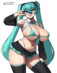  1girl \m/ alternate_breast_size aqua_bikini aqua_eyes aqua_hair aqua_nails aqua_necktie bare_shoulders between_breasts bikini black_skirt black_thighhighs breasts bright_pupils commentary detached_sleeves donburi_(donburikazoku) english_commentary fanbox_username hair_between_eyes hand_on_own_thigh hatsune_miku highres huge_breasts long_hair long_sleeves looking_at_viewer nail_polish navel necktie necktie_between_breasts open_mouth patreon_username pleated_skirt simple_background skirt smile solo swimsuit teeth thighhighs thighs twintails underboob upper_teeth_only very_long_hair virtual_youtuber vocaloid web_address white_pupils wide_sleeves 