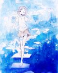  1girl bare_legs barefoot blue_theme bubble character_request closed_eyes collared_shirt colored_skin commentary_request disintegration fish full_body highres jellyfish monochrome open_mouth painting_(medium) platform shirt shizumi_(saluck) short_hair short_sleeves skirt solo surreal traditional_media umiyuri_kaiteitan_(vocaloid) underwater vocaloid watercolor_(medium) white_skin 