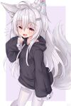  1girl :d absurdres animal_ear_fluff animal_ears black_hoodie borrowed_character fang fox_ears fox_girl fox_tail grey_hair highres hood hood_down hoodie jewelry kazuneko_(wktk1024) long_hair long_sleeves looking_at_viewer necklace no_pants open_mouth orange_eyes original pantyhose pendant skin_fang sleeves_past_fingers sleeves_past_wrists smile tail white_hair white_pantyhose 