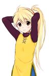  adjusting_hair ahoge bangs blonde_hair hirosuke_(psychexx) long_hair looking_at_viewer pokemon pokemon_special ponytail simple_background solo yellow_(pokemon) 