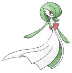  1girl arm_at_side bob_cut colored_skin flat_chest full_body gardevoir green_hair green_skin hair_over_one_eye highres looking_to_the_side multicolored_skin official_art one_eye_covered outstretched_arm pokemon pokemon_(creature) pokemon_rse red_eyes short_hair simple_background solo standing sugimori_ken third-party_source transparent_background two-tone_skin white_skin 