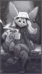 anthro beverage boots bottomwear canid canine clothing coffee fangs female fennec_fox footwear fox freckles front_view hat headgear headwear hi_res jacket mammal monochrome mug pants patch_(fabric) ralek scarf simple_background sitting smile snow snowing solo teacup_cake_(ralek) teeth topwear true_fox