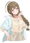  1girl ahoge blue_jacket blush bow braid breasts brown_eyes brown_hair brown_sash brown_skirt cleavage closed_mouth collarbone cropped_torso hair_bow hair_over_shoulder hair_ribbon hamcheeseand hand_on_own_hip hand_up highres idolmaster idolmaster_shiny_colors jacket kuwayama_chiyuki large_breasts looking_at_viewer ribbon shirt signature simple_background single_braid skirt smile solo white_background white_ribbon yellow_shirt 