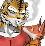 anthro back_to_the_dawn blush canid canine changan cigarette clothing duo felid fox john_(bttd) male male/male mammal muscular pantherine prison_uniform simple_background smoke thomas_(bttd) tiger white_background