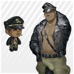  1boy absurdres bara belly bulge character_request chibi cigarette cowboy_shot dark-skinned_male dark_skin erection erection_under_clothes ero_condo facial_hair highres jacket kienbiu large_pectorals leather leather_jacket male_focus mature_male muscular muscular_male mustache_stubble navel nipples official_alternate_costume open_clothes open_jacket paid_reward_available pectoral_cleavage pectorals plump short_hair simple_background solo standing stomach stubble 