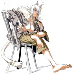  1girl animal_ears barefoot breasts chair eyepatch fur_trim ghislaine_dedoldia hamazaki_hideki highres jacket large_breasts mushoku_tensei no_bra no_shirt open_clothes open_jacket simple_background sitting solo tail white_hair 