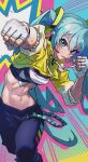  1girl abs black_pants blue_eyes blue_hair blurry blurry_background boxing cropped_jacket fingerless_gloves gloves gyoranden hair_between_eyes hatsune_miku highres jacket light_blue_background long_hair looking_at_viewer midriff navel pants solo sports_bra twintails vocaloid white_gloves yellow_jacket 