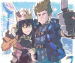  2boys absurdres arm_around_shoulder armor belt black_hair blue_background blue_jacket brown_hair burger_king clenched_teeth commentary crown drink drinking_straw embarrassed english_commentary hair_between_eyes highres holding holding_drink jacket logo long_hair male_focus multiple_boys n_(xenoblade) one_eye_closed onepointzero open_clothes open_jacket rex_(xenoblade) scar scar_across_eye short_hair smile teeth thumbs_up upper_body xenoblade_chronicles_(series) xenoblade_chronicles_3 xenoblade_chronicles_3:_future_redeemed 