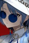  1girl absurdres black_hair blue-tinted_eyewear blue_eyes blue_hair close-up coat colored_inner_hair commentary csui_d earrings fedora glint hair_over_shoulder hat hat_chain highres hololive hoshimachi_suisei hoshimachi_suisei_(8th_costume) jacket jewelry long_hair long_sleeves looking_at_viewer multicolored_hair neck_tassel official_alternate_costume official_alternate_eye_color print_coat red_background round_eyewear simple_background solo star_(symbol) star_in_eye sunglasses symbol_in_eye tassel tassel_earrings tinted_eyewear tsurime virtual_youtuber white_coat white_hat white_jacket wolf_cut 