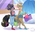 akaunkel anthro blinky_bill_(series) breasts canid canine canis cleavage clothed clothing daisy_dingo digital_media_(artwork) dingo duo female female/female fur hair hi_res lipstick lisa_raccoon makeup mall mammal open_mouth ponytail procyonid raccoon shopping smile the_raccoons