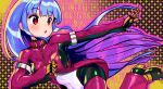  1girl absurdres blue_hair blush bodysuit boots breasts commentary_request floating_hair gloves highres kula_diamond long_hair looking_to_the_side medium_breasts multicolored_hair nangong_(skarndrnjs) onono_imoko_(style) outstretched_arm purple_hair red_eyes solo the_king_of_fighters two-tone_hair zipper 