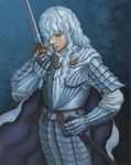  androgynous armor berserk blue_eyes griffith lips long_hair male_focus miura_kentarou sheath solo sword wavy_hair weapon white_hair 