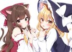  2girls :&lt; :p animal_ear_fluff animal_ears ascot bare_shoulders black_hat black_vest blonde_hair blush bow braid brown_eyes brown_hair brown_tail cat_ears cat_tail closed_mouth detached_sleeves eyes_visible_through_hair frilled_bow frilled_hair_tubes frilled_hat frills hair_bow hair_tubes hakurei_reimu hand_in_another&#039;s_hair hand_in_own_hair hand_on_own_face hand_up hands_up hat hat_bow highres kemonomimi_mode kirisame_marisa long_hair long_sleeves looking_at_viewer multiple_girls red_bow red_shirt shinonome_asu shirt side_braid sidelocks simple_background single_braid sleeve_garter sleeveless sleeveless_shirt sweater tail tail_raised tongue tongue_out touhou turtleneck turtleneck_sweater upper_body vest white_background white_bow white_sleeves white_sweater wide_sleeves witch_hat yellow_ascot yellow_eyes yellow_tail 