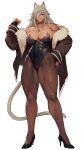  1girl abs absurdres alternate_costume animal_ears black_footwear black_gloves black_jacket black_leotard breasts bridal_gauntlets brown_pantyhose cat_ears cat_girl cat_tail choker cleavage commentary dark-skinned_female dark_skin english_commentary eyepatch full_body fur-trimmed_jacket fur_trim ghislaine_dedoldia gloves got_ji_(gojich1) grey_hair hair_between_eyes hand_on_own_hip high_heels highleg highleg_leotard highres jacket large_breasts leotard long_hair looking_at_viewer muscular muscular_female mushoku_tensei off_shoulder one-eyed one_eye_covered open_clothes open_jacket pantyhose parted_lips playboy_bunny red_choker red_eyes scar scar_on_cheek scar_on_face simple_background smile solo standing strapless strapless_leotard tail thick_thighs thighs white_background 