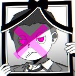  1boy bad_id bad_twitter_id candy_stick closed_mouth coattails collared_jacket collared_shirt commentary_request commission danganronpa_(series) danganronpa_v3:_killing_harmony food_in_mouth gradient_background grey_background greyscale half-closed_eyes holding holding_frame hoshi_ryoma iei jacket light_frown long_sleeves looking_ahead male_focus monochrome necktie pink_eyes school_uniform shirt short_hair simple_background solo spot_color upper_body very_short_hair waka_(wk4444) 