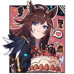  1girl 3others ahoge animal_ears birthday birthday_cake black_gloves black_hair blue_eyes breasts brown_hair cake candle character_request closed_mouth confetti cream cream_on_face duramente_(umamusume) ear_ornament food food_on_face fruit gloves hair_between_eyes heart highres horse horse_ears horse_girl horse_tail jacket kukmmo long_hair long_sleeves looking_at_viewer multicolored_hair multiple_others plate simple_background spoken_heart strawberry streaked_hair tail umamusume white_hair 