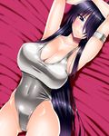  armband arms_behind_head bad_id bad_pixiv_id black_hair blue_eyes breasts cameltoe cleavage covered_navel hair_over_one_eye highleg highleg_swimsuit huge_breasts ikkitousen kan'u_unchou long_hair lying on_back sen_(sansui) shiny shiny_clothes shiny_skin solo swimsuit tight 