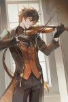  1boy black_gloves black_jacket black_pants brown_eyes brown_hair cowboy_shot dress_shirt floating_hair genshin_impact gloves grey_shirt hair_between_eyes highres holding holding_instrument holding_violin instrument jacket long_hair long_sleeves male_focus music open_clothes open_jacket orange_vest pants playing_instrument ponytail shirt solo very_long_hair vest violin z_(pixiv86933911) zhongli_(genshin_impact) 