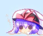  1girl black_eyes chibi female hat nagae_iku noiz open_mouth pixiv_thumbnail purple_hair ribbon shawl short_hair simple_background tears touhou 