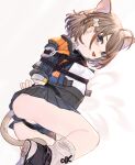  ahoge almond_(arknights) animal_ears arknights arms_behind_back ass bdsm bondage bone_hair_ornament bound brown_hair cartoon_bone cat_ears cat_girl cat_tail extra_ears fang grey_skirt hair_ornament hairclip highres kochiya_(gothope) looking_at_viewer loose_socks lying on_side pleated_skirt short_hair skin_fang skirt socks tail 