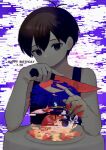  1boy black_eyes black_hair cb_ge000 closed_mouth collarbone colored_skin expressionless happy_birthday highres holding holding_knife knife looking_at_viewer omori omori_(omori) plate tank_top white_skin 