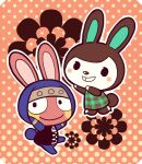  1boy 1girl animal_crossing black_eyes black_jacket blush_stickers carmen_(animal_crossing) closed_mouth dress furry furry_female furry_male jacket kotorai ninja outline plaid plaid_dress polka_dot polka_dot_background rabbit_boy rabbit_girl smile snake_(animal_crossing) solid_oval_eyes tooth_gap white_outline zipper_pull_tab 